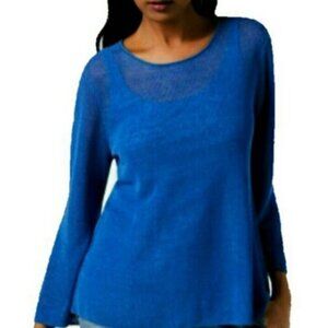 Eileen Fisher Crepe Knit Jewel Neck Serrano Organic Linen Blend Blue Long Sleeve